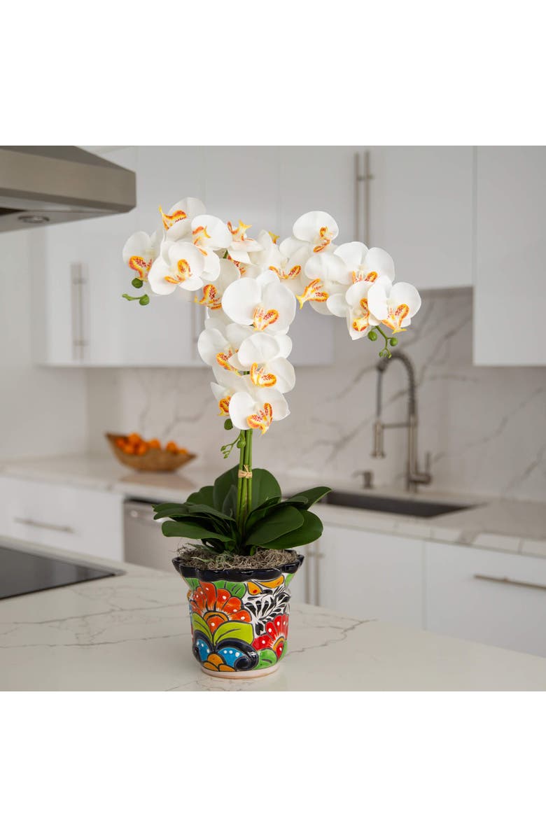 NEARLY NATURAL 27-in Artificial Triple Orchid Arrangement in Handmade Mexican Talavera Ceramic Planter, Alternate, color, Green