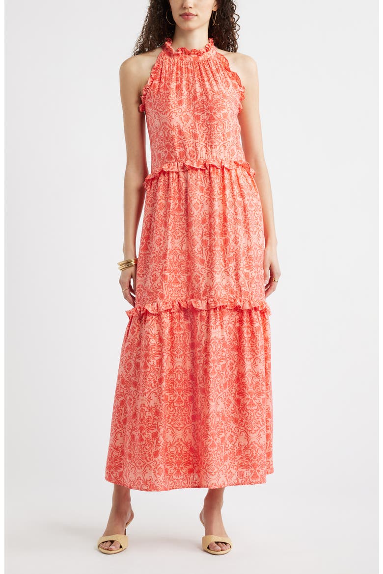 Ruffle Trim Sleeveless Maxi Dress, Main, color, CORAL COASTAL MEDALLION
