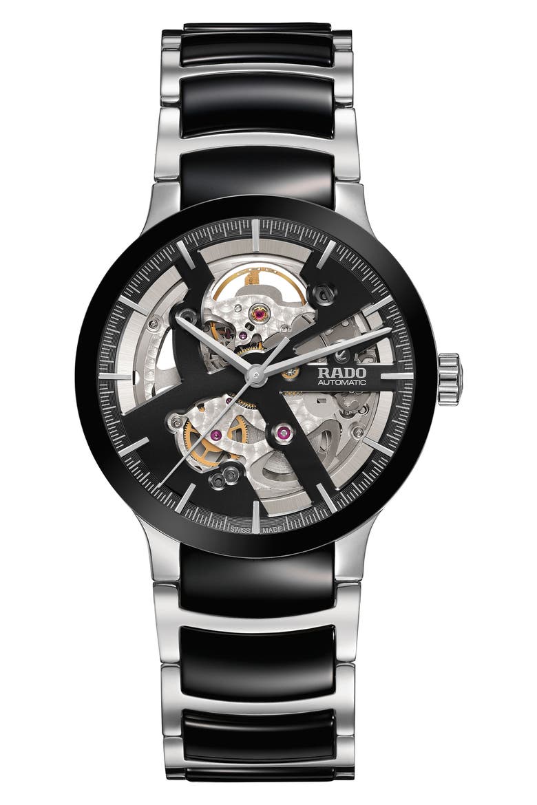 Centrix Automatic Open Heart Ceramic Bracelet Watch, 38mm, Main, color, SILVER/ BLACK