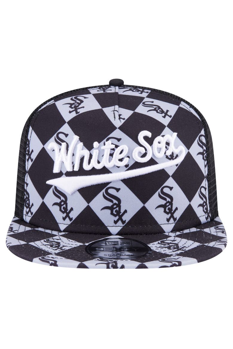 Men's New Era Black Chicago White Sox Seeing Diamonds A-Frame Trucker 9FIFTY Snapback Hat, Alternate, color, Black