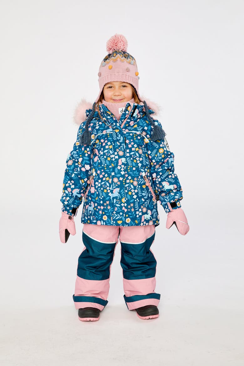 Discover Unicorn Faux Fur Hood Jacket & Suspender Pants Two Piece Snowsuit, Alternate, color, Blue and Pink Unicorn Print