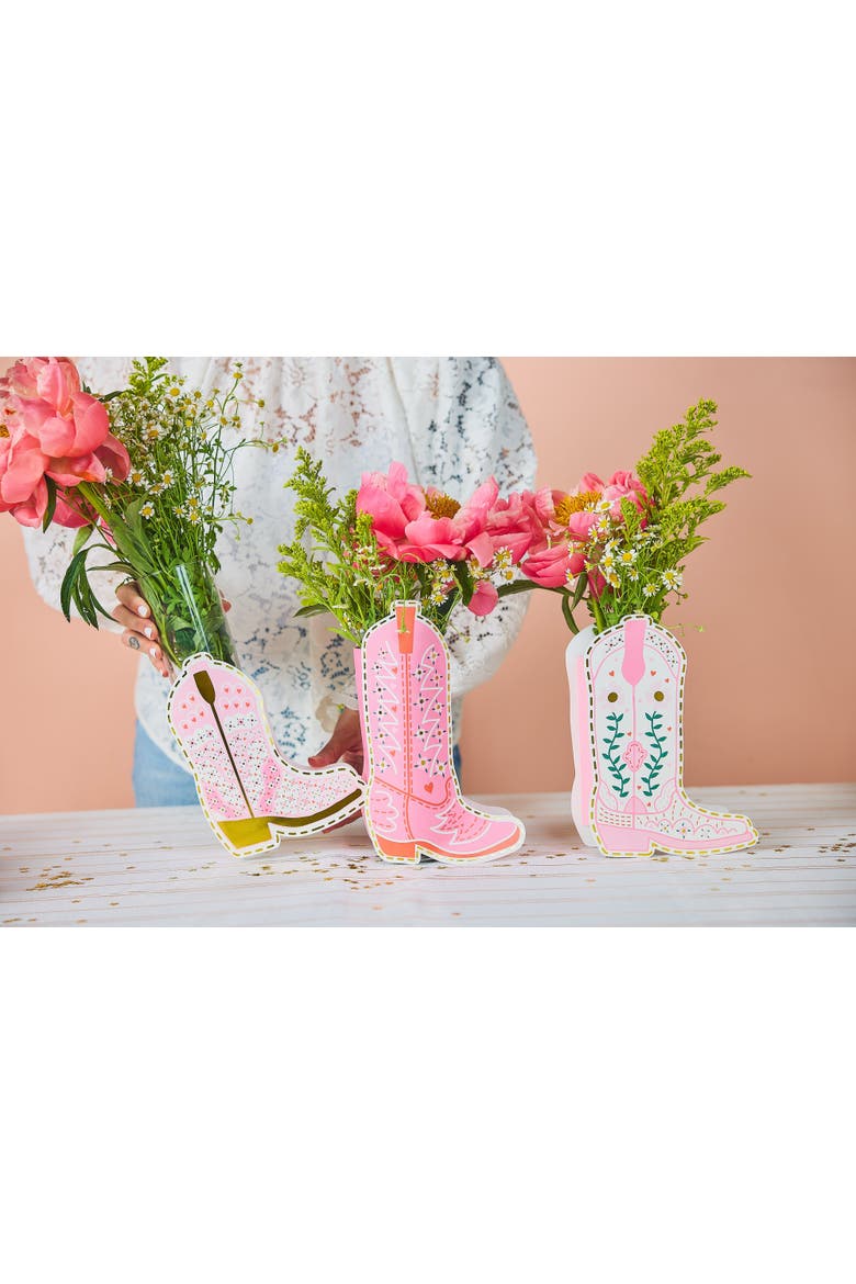 Boot Scoot Blooms Cowboy Boot Pop-Up Vase Slip Covers Set of 3 - Multi-Size Pink Boot-Shaped Die-Cut Paper Vase Sleeves for Western Tables, Alternate, color, Pink