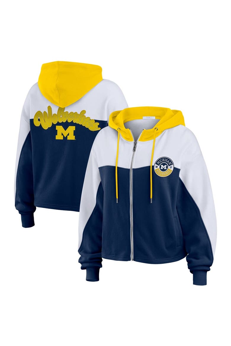 Women's WEAR by Erin Andrews Navy/White Michigan Wolverines Color-Block Full-Zip Hoodie, Alternate, color, Navy