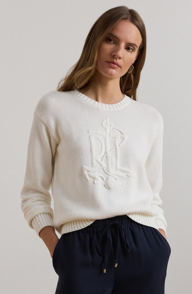 Lauren Ralph Lauren Tonal Anchor Crest Cotton Crewneck Sweater, Alternate, color,