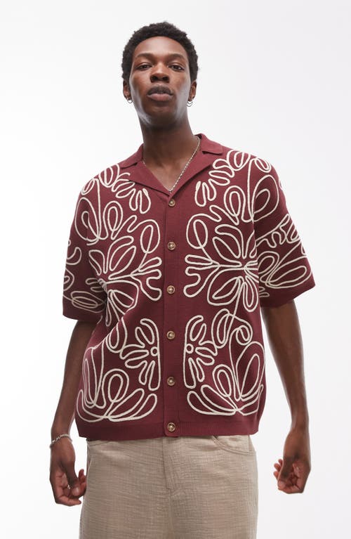 Topman Relaxed Heavy Embroidered Floral Shirt In Burgundy