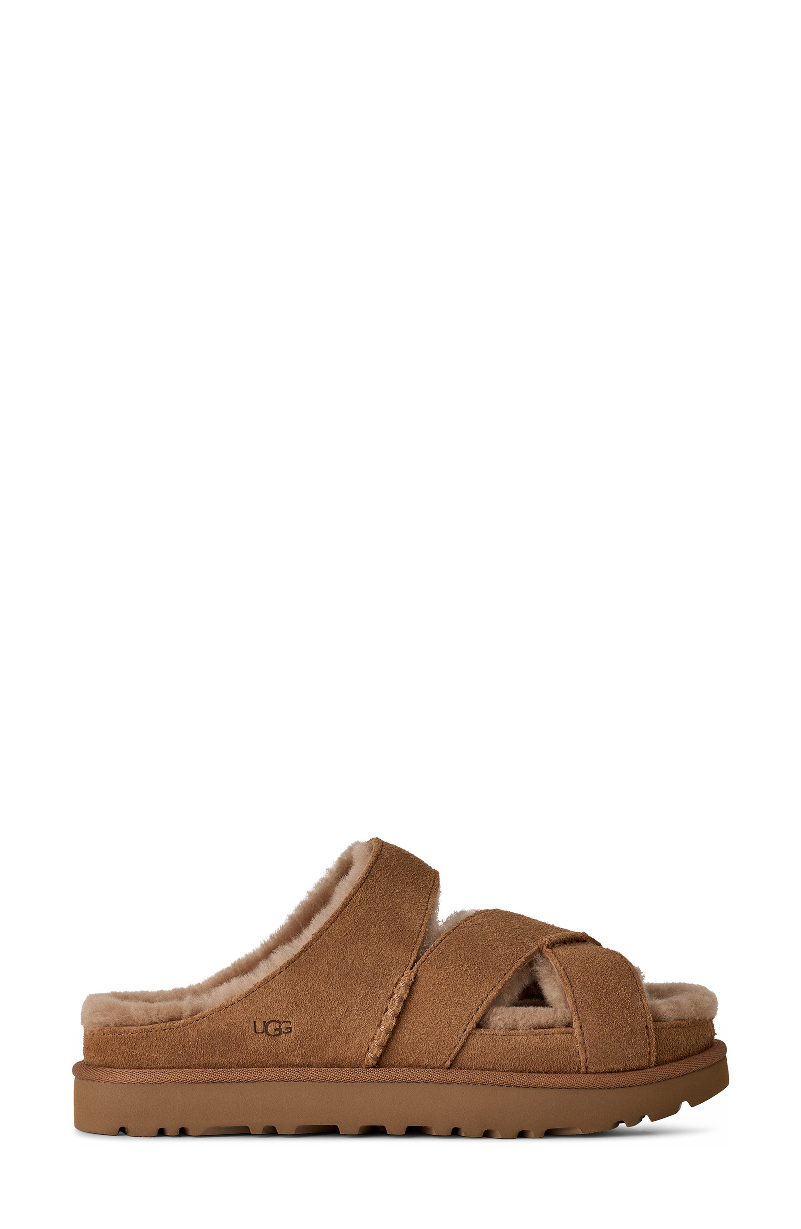 UGG<sup>®</sup> Greenport Genuine Shearling Lined Cross Strap Slide Sandal, Alternate, color, Chestnut