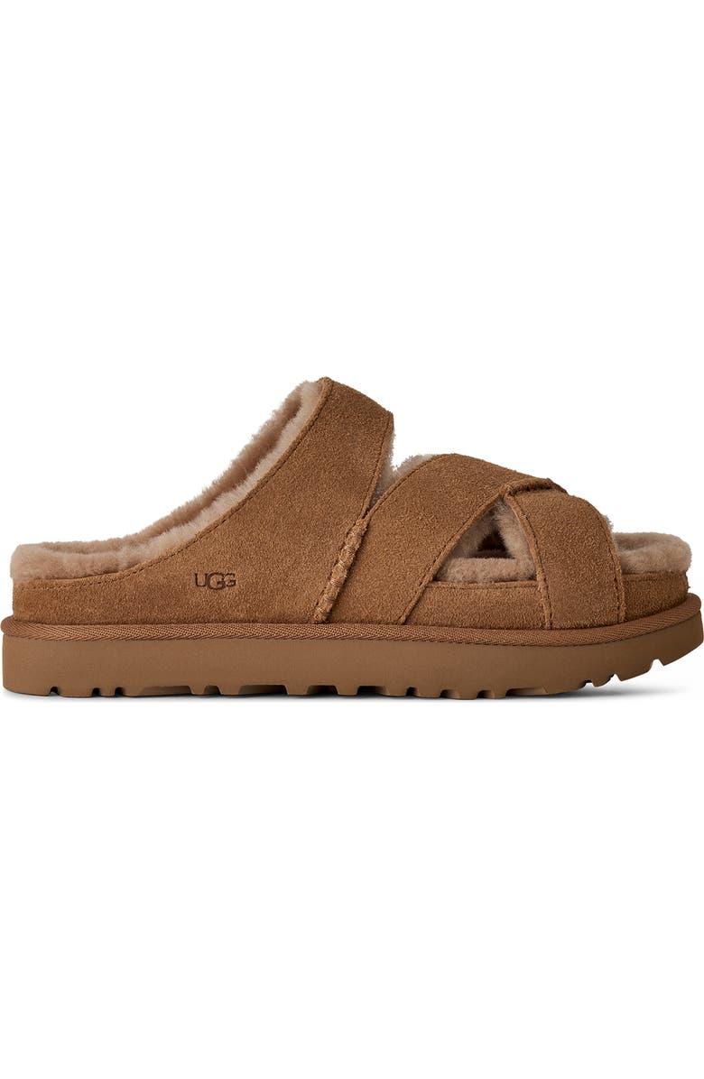 UGG<sup>®</sup> Greenport Genuine Shearling Lined Cross Strap Slide Sandal, Alternate, color, Chestnut