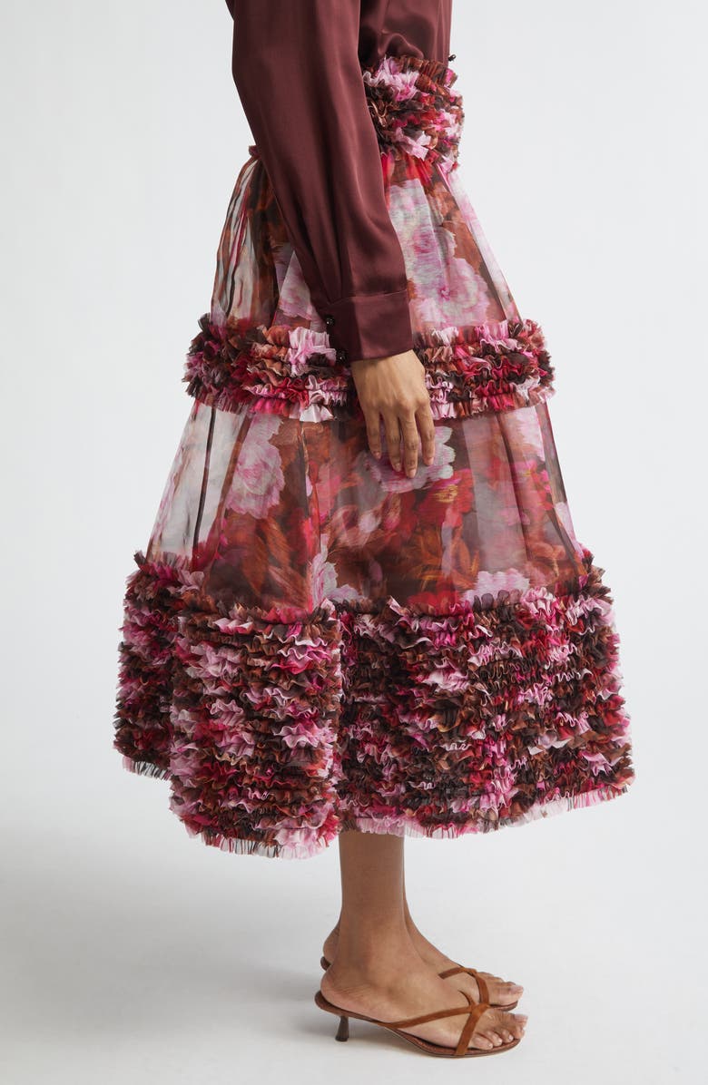 Zimmermann Kindred Spirit Luna Ruffle Silk Organza Midi Skirt, Alternate, color, Chocolate Rose