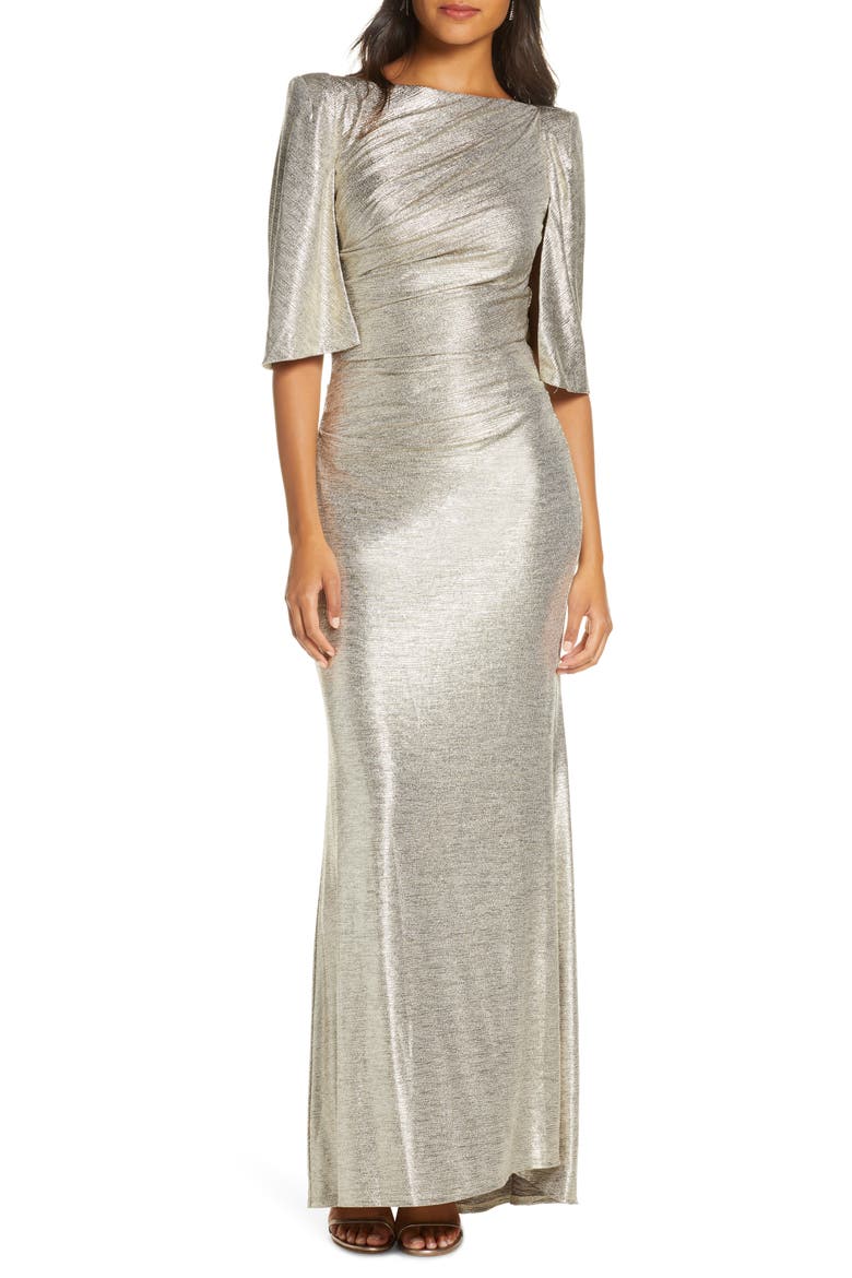 Capelet Sleeve Ruched Evening Gown, Main, color, GOLD