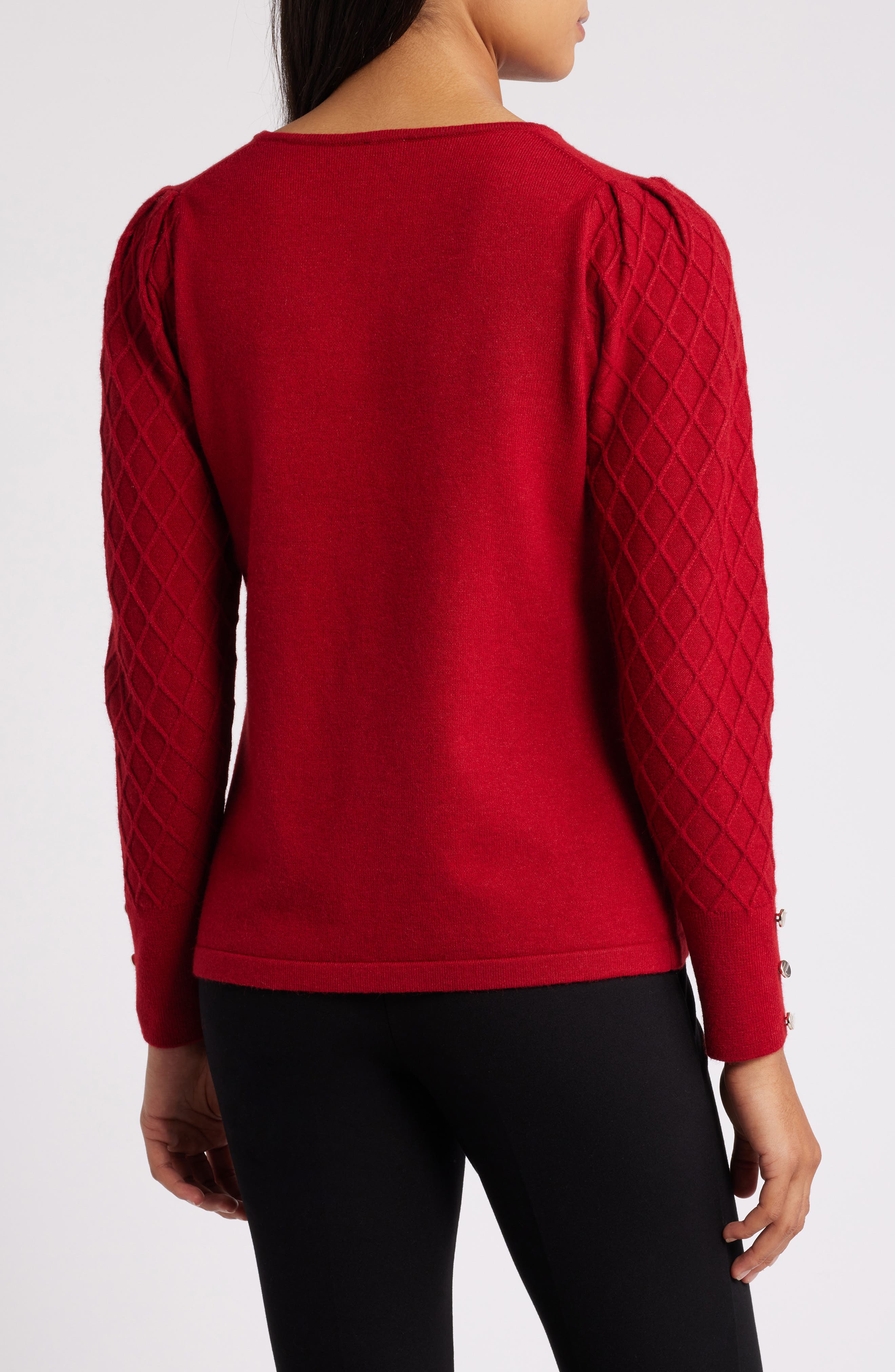 Diamond Stitch Sleeve Button Cuff Sweater - image 2