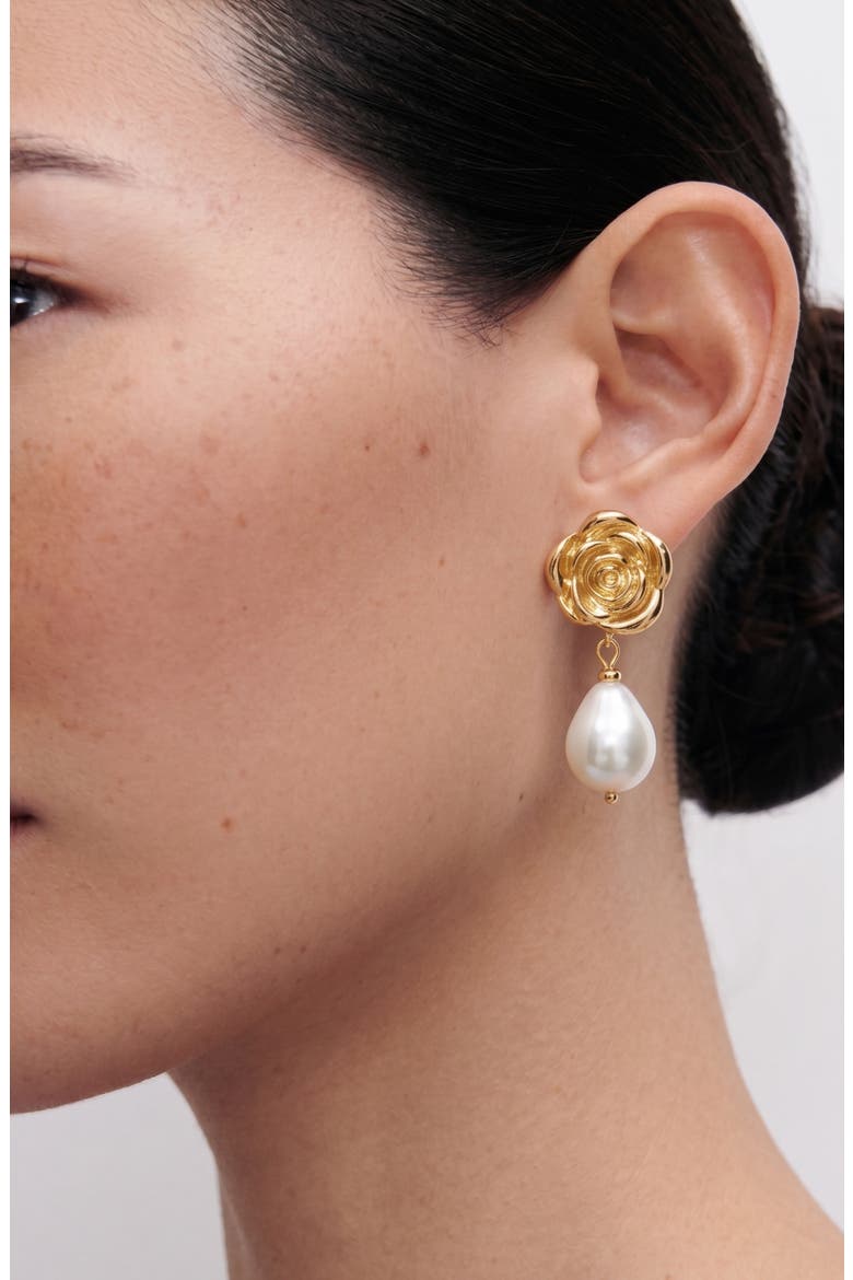 Rose Pearl Drop Earrings In Gold & Pearls, Alternate, color, Gold