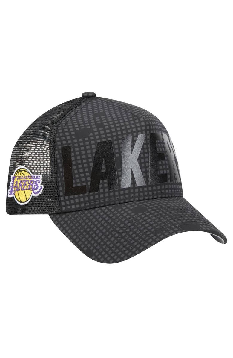 New Era Men's New Era Black Los Angeles Lakers Midnight Ink Tonal A-Frame Trucker 9FORTY Adjustable Hat, Main, color, Black