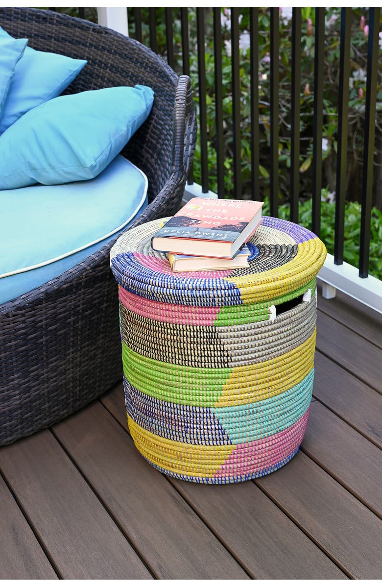 African Modern Rainbow Herringbone Lidded Storage Basket, Alternate, color, 
