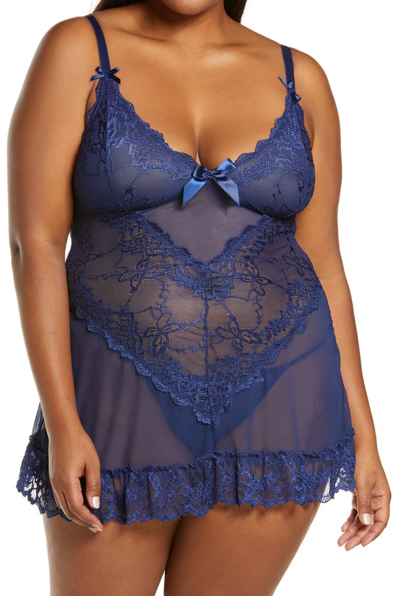 Valentine Soft Cup Babydoll Chemise & G-String Thong, Main, color, ESTATE BLUE