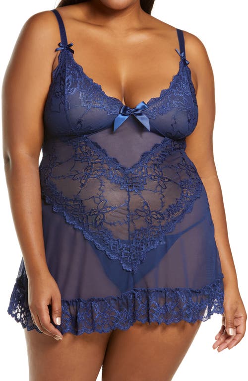 Oh La La Cheri Valentine Soft Cup Babydoll Chemise & G-String Thong in Estate Blue at Nordstrom, Size 3X