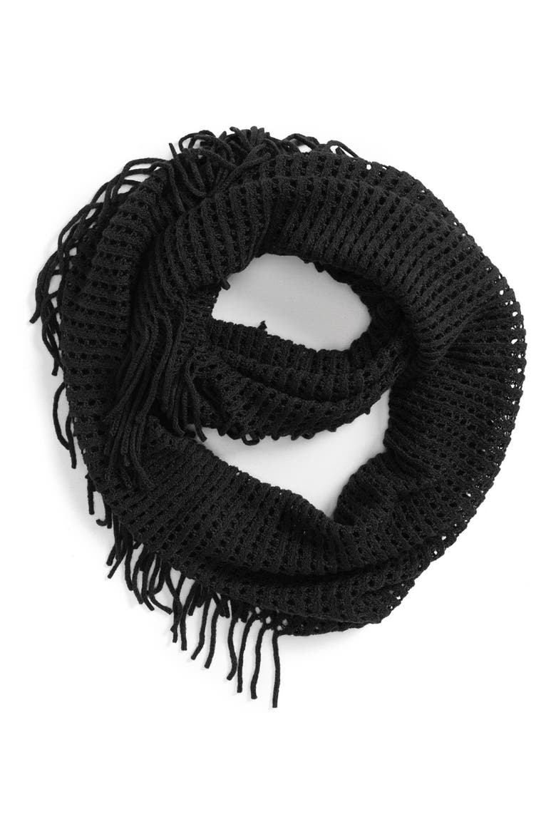Fringe Trim Infinity Scarf, Main, color, BLACK
