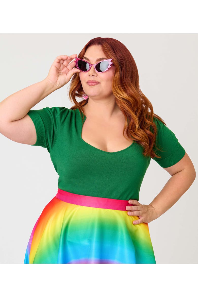 Plus Size 1950s Short Sleeve Sweater, Alternate, color, Green Solid