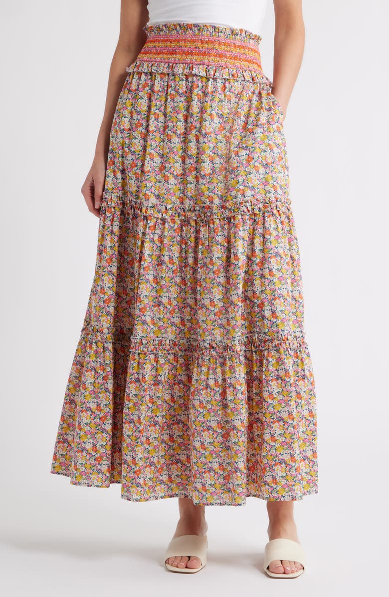 LOVE THE LABEL Raquel Floral Tiered Cotton Maxi Skirt, Main, color, 