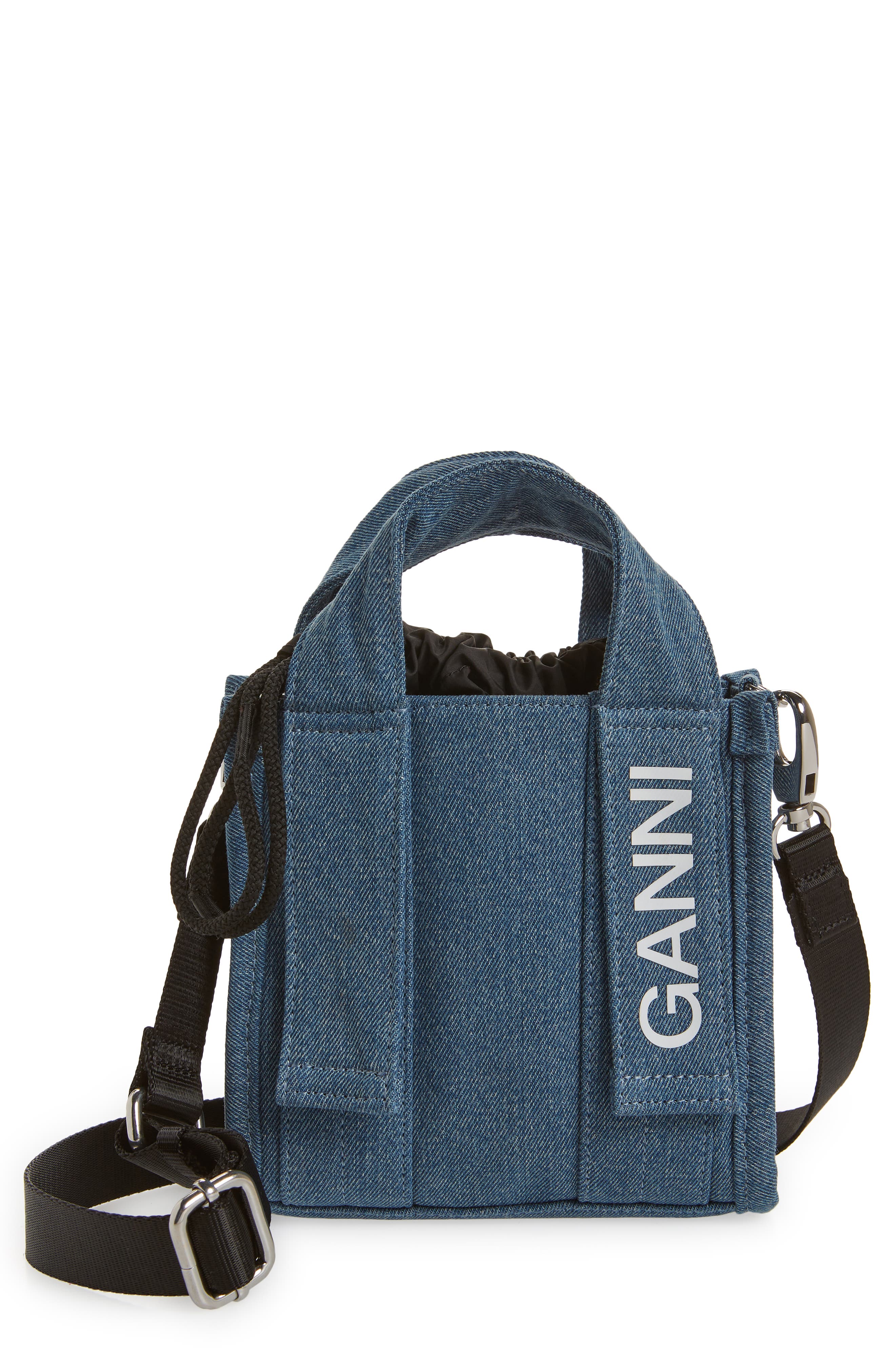 Ganni Mini Recycled Polyester Denim Tech Tote, Main, color, 