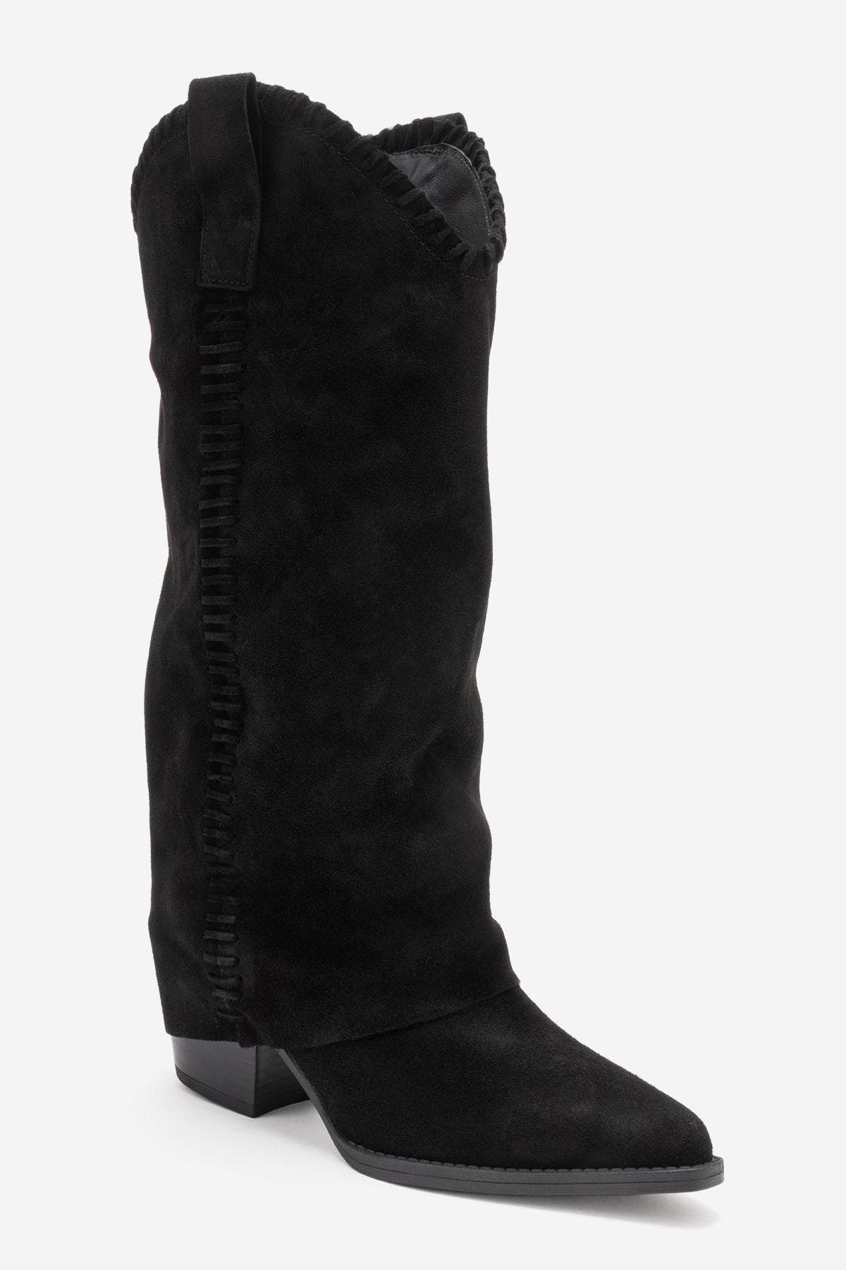 Forever & Always Shoes Clementina Leather Western Boot, Main, color, Black Suede Leather
