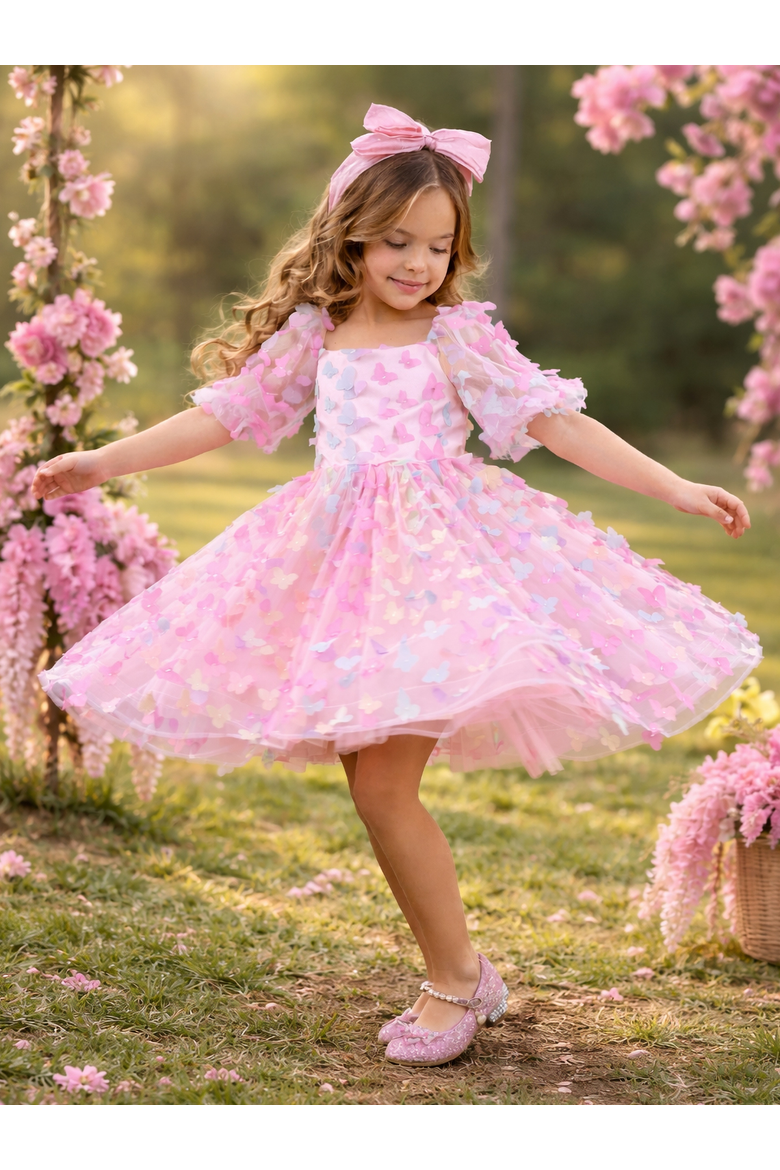Butterfly Bliss 3D Applique Party Dress, Alternate, color, Pink