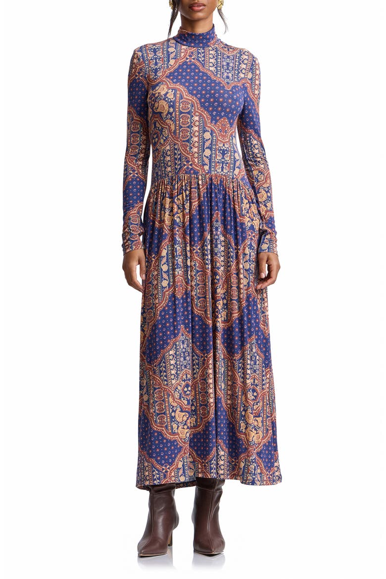 Long Sleeve Jersey Maxi Dress, Main, color, NAVY MEDALLION SCARF