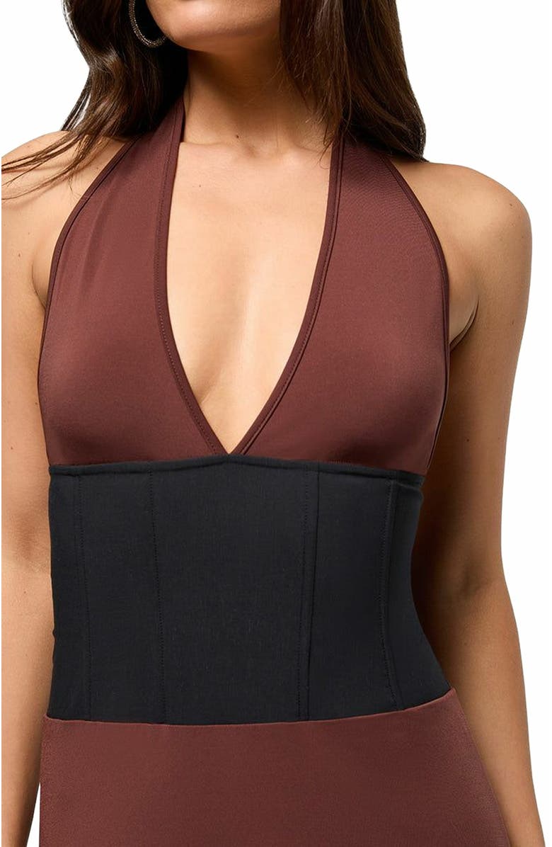WeWoreWhat Corset Halter Asymmetrical Midi Dress, Alternate, color,