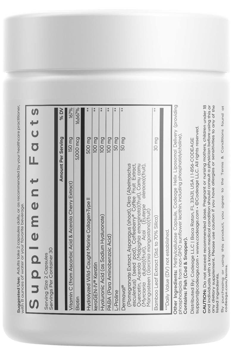 Codeage Hair Skin Nails Vitamins Platinum, Keratin, Dermaval, Biotin, Collagen, Alternate, color, White