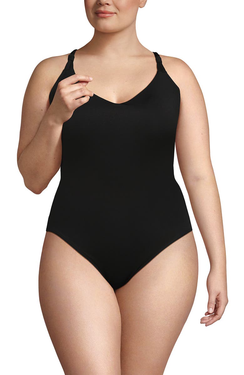 Lands' End Tugless QuickDry V-Neck Multi-Way High Leg One Piece Swimsuit, Alternate, color, Black