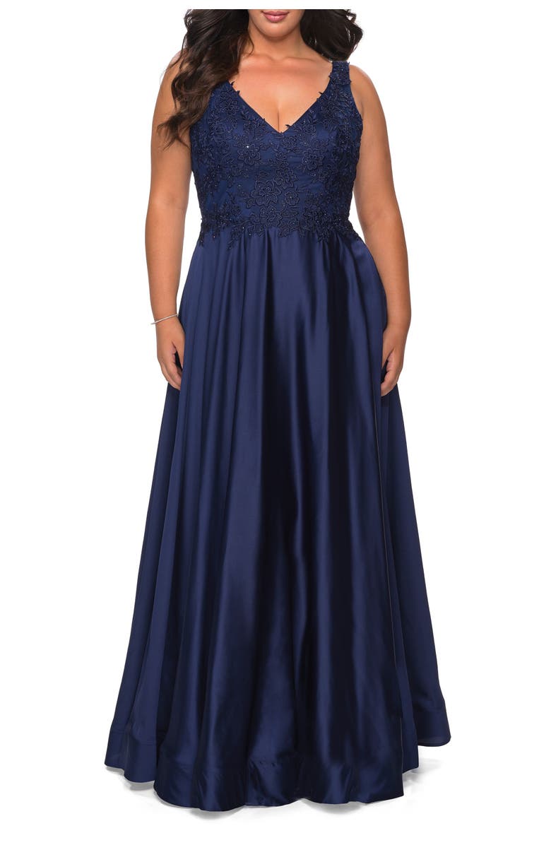 La Femme A-line Plus Size Dress with Rhinestone Lace Bodice, Alternate, color, Navy