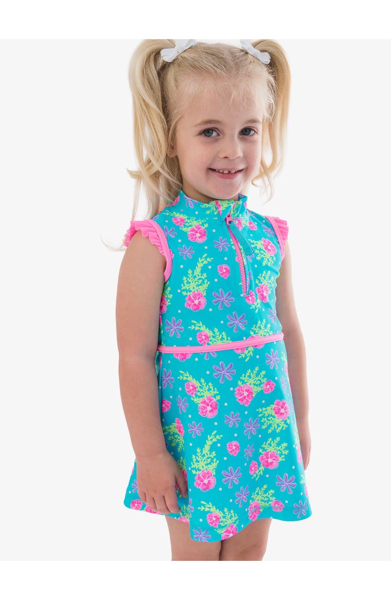 RuffleButts UPF50 Sleeveless Zip Ruffle Sleeve Active Dress, Alternate, color, Neon Happy Hibiscus