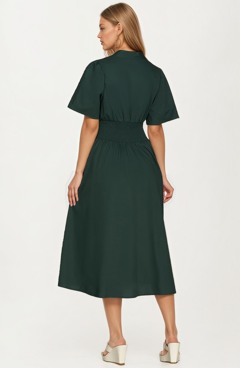 Knit and Lounge Zip-Front Smocked Waist Short Sleeve Midi Dress, Alternate, color, Green