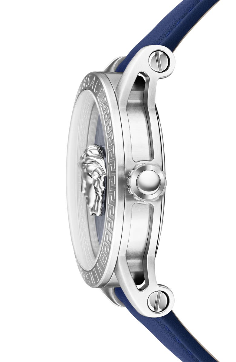 Versace V-Code Swiss Quartz Leather Strap Watch, 43mm, Alternate, color, Stainless Steel