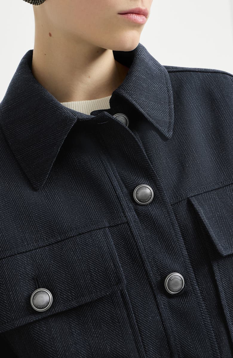 Brunello Cucinelli Crêpe chevron cropped outerwear jacket, Alternate, color, Navy Blue
