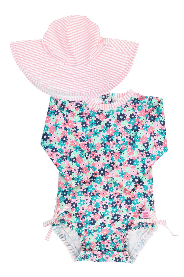 Water Lilies One-Piece Rashguard Swimsuit & Hat Set, Main, color, BLUE