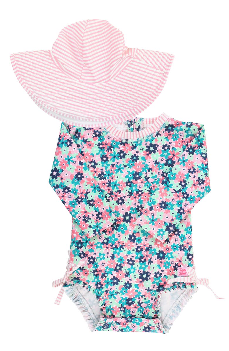 RuffleButts Water Lilies One-Piece Rashguard Swimsuit & Hat Set, Main, color, 