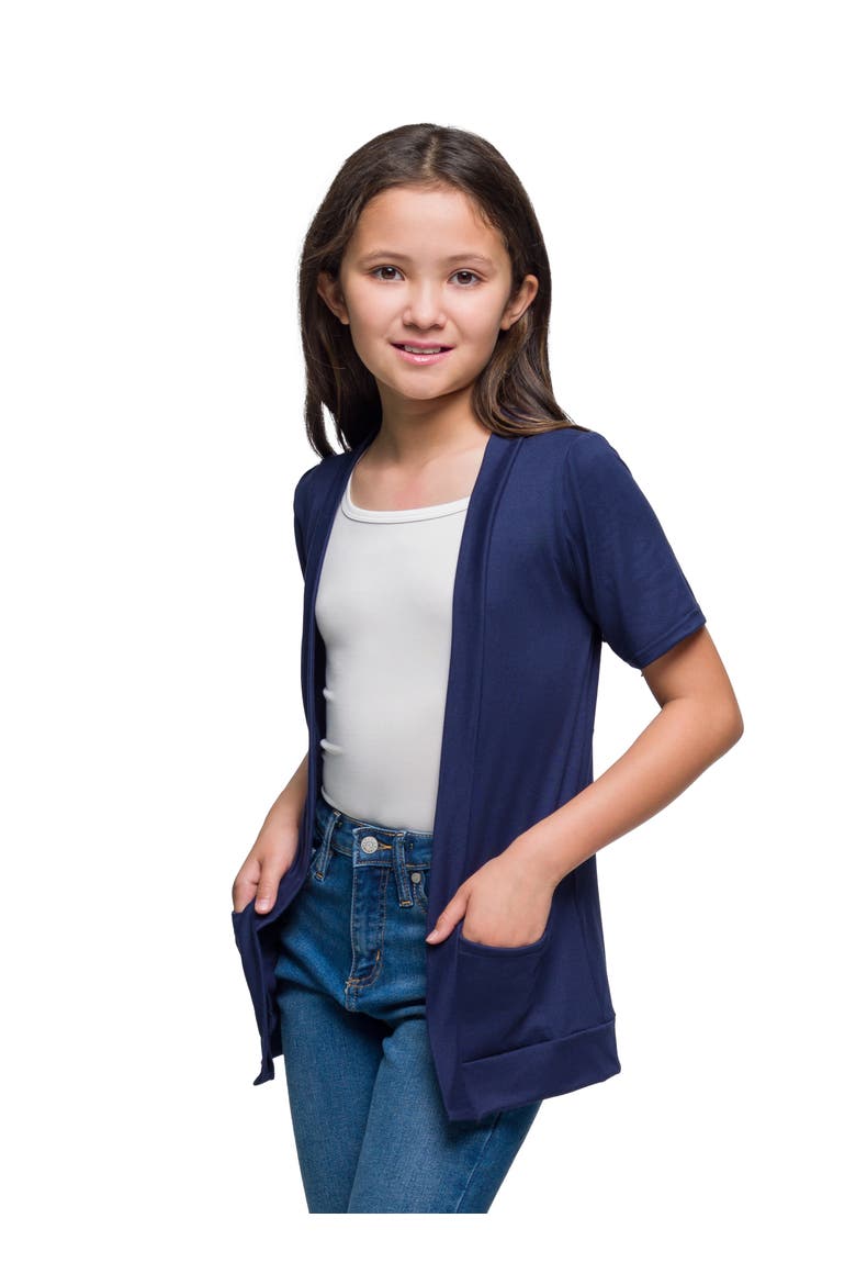 Short Sleeve Open Front Layering Shrug with Pockets, Alternate, color, Navy