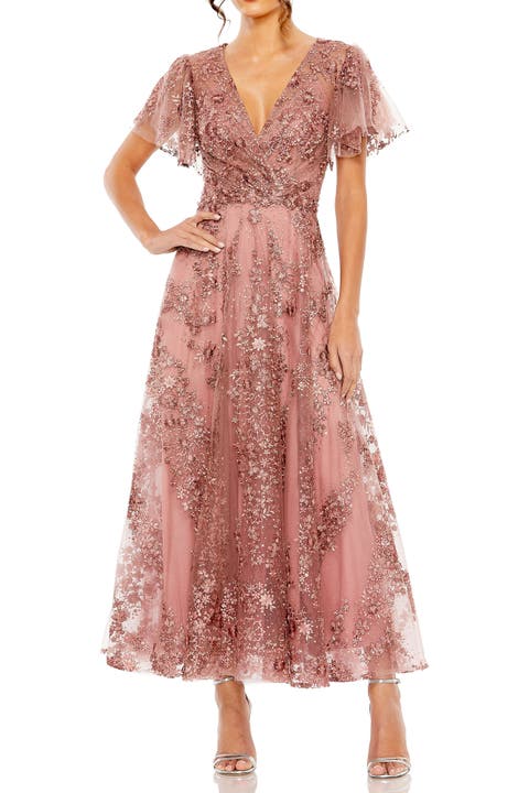 Flutter Sleeve Faux Wrap V Neck Embellished Tea Length Dress