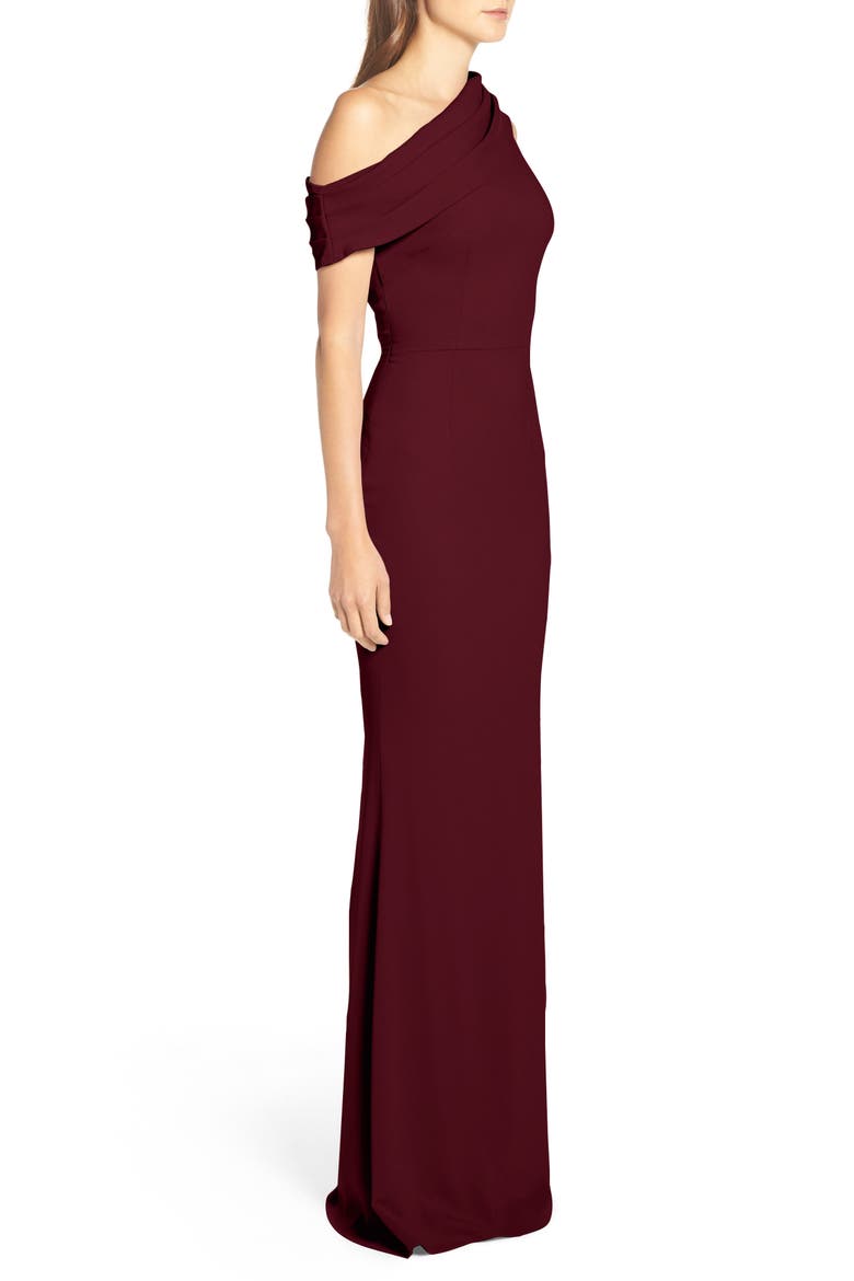 Layla Pleat One-Shoulder Crepe Gown, Alternate, color, BORDEAUX