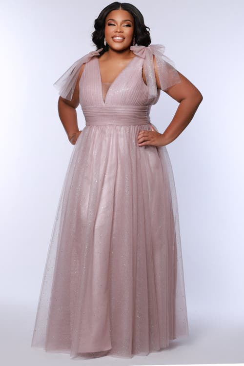 Sydney's Closet V-neckline Bra-friendly Plus Size A-line Gown With Bows In Mauve