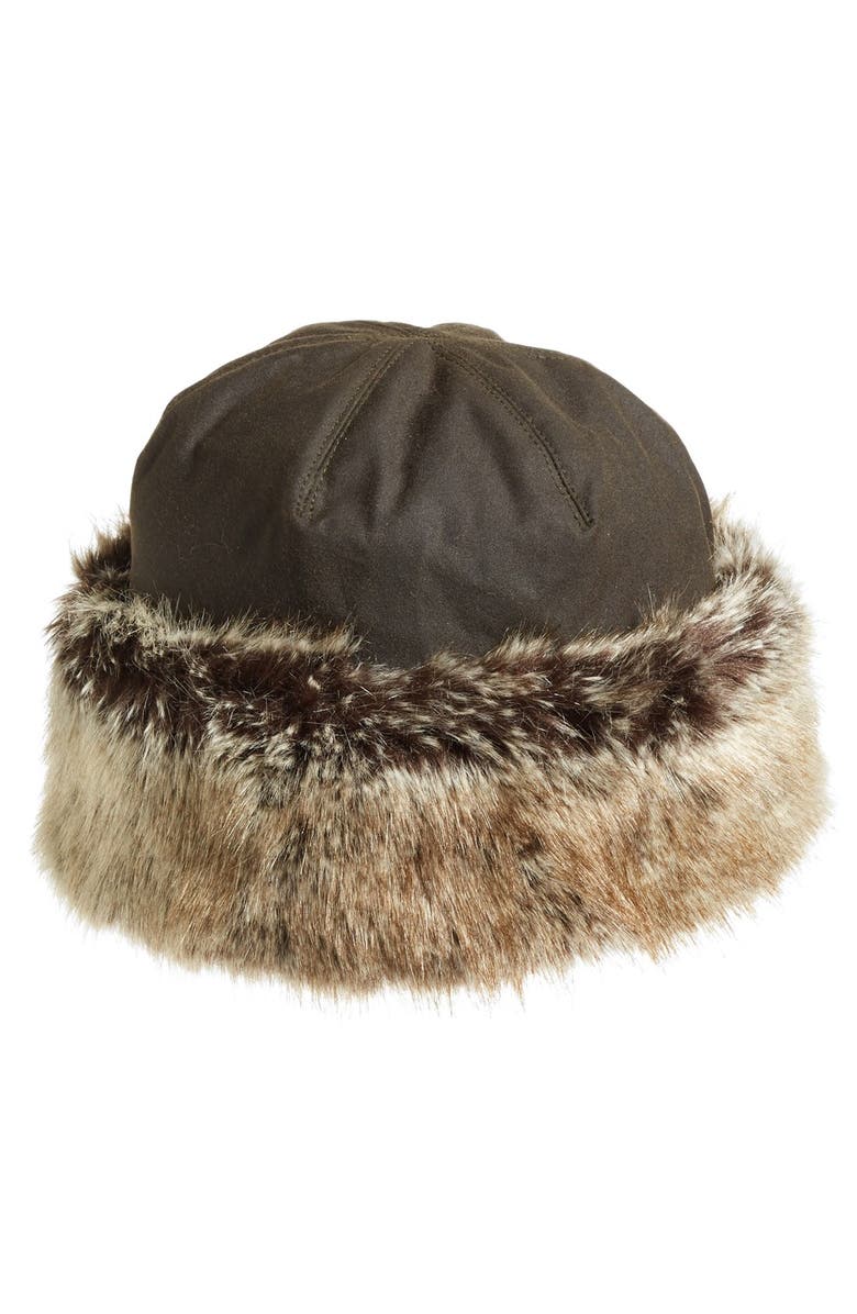 Barbour 'Ambush' Waxed Cotton Hat with Faux Fur Trim, Main, color, Olive