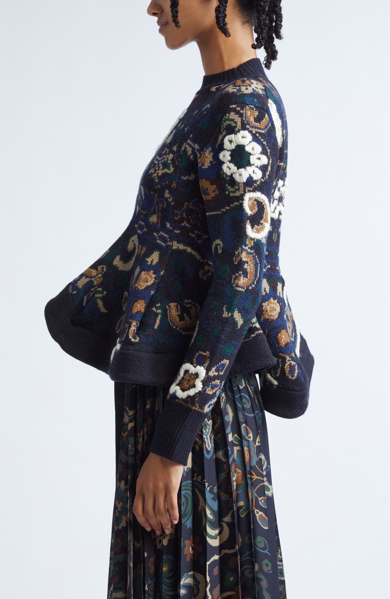 Sacai Floral Jacquard Asymmetric Wool Sweater, Alternate, color, Navy