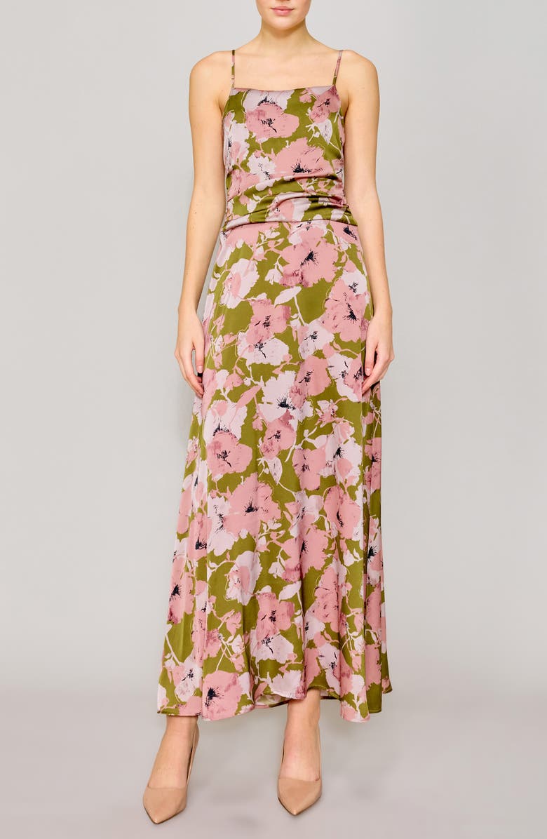 MELLODAY Floral Satin Maxi Dress, Main, color, Olive/ Blush Floral