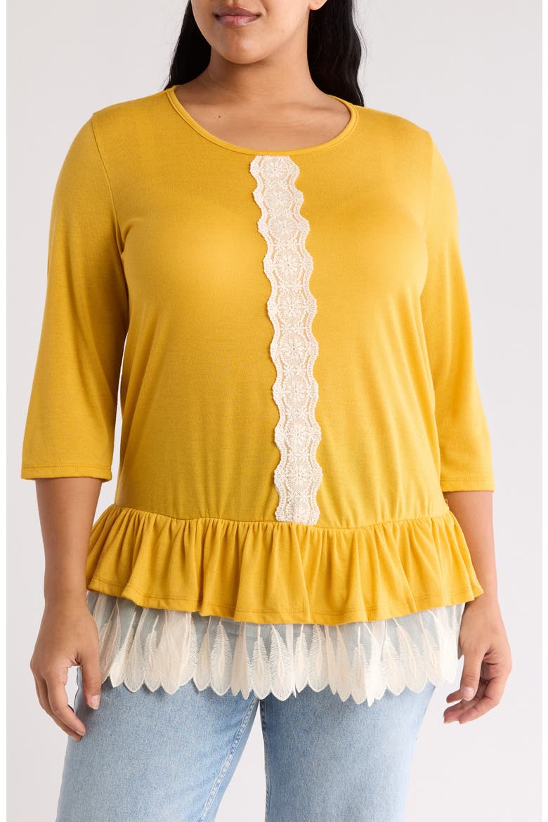 Three-Quarter Sleeve Crochet Peplum Top, Main, color, MUSTARD