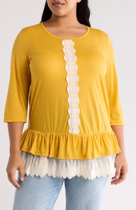 Three-Quarter Sleeve Crochet Peplum Top (Plus)