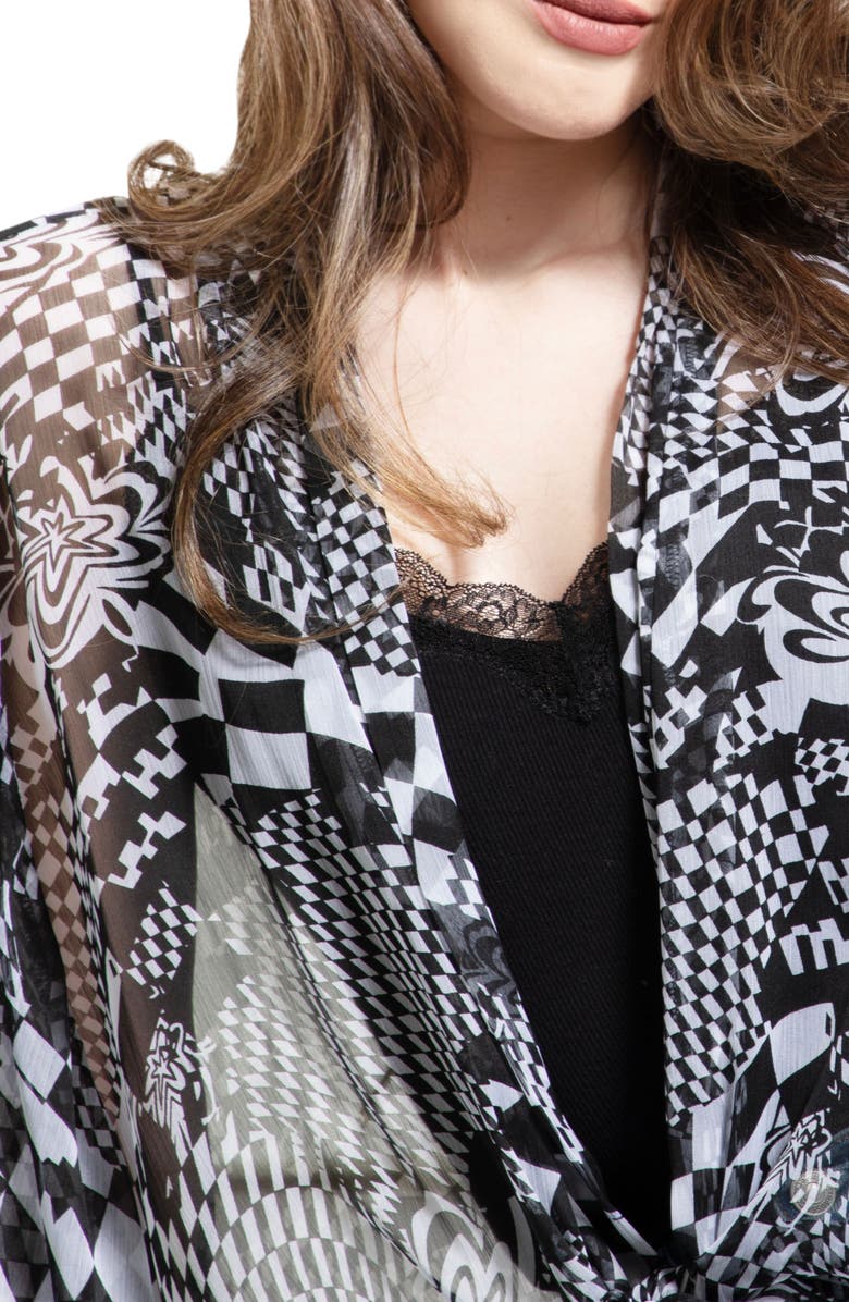 SAACHI Geometric Floral Sheer Tie Front Short Duster, Alternate, color, Black