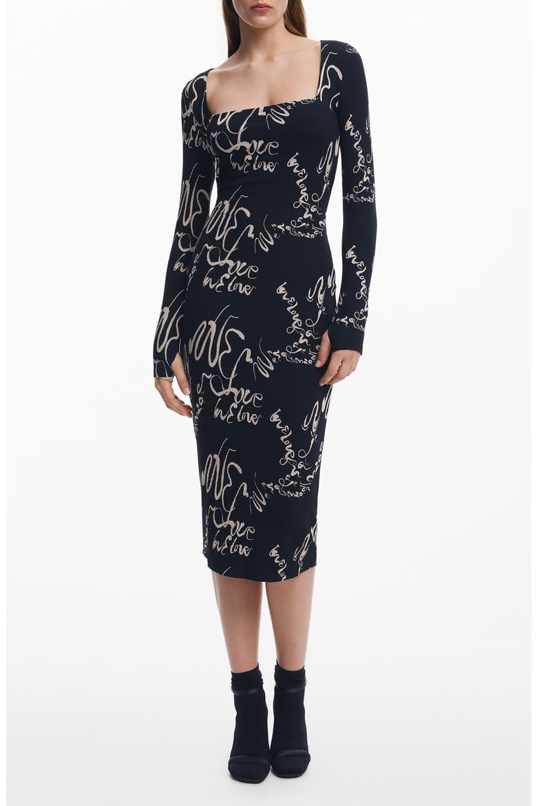 Love Print Long Sleeve Body-Con Midi Dress, Main, color, BLACK