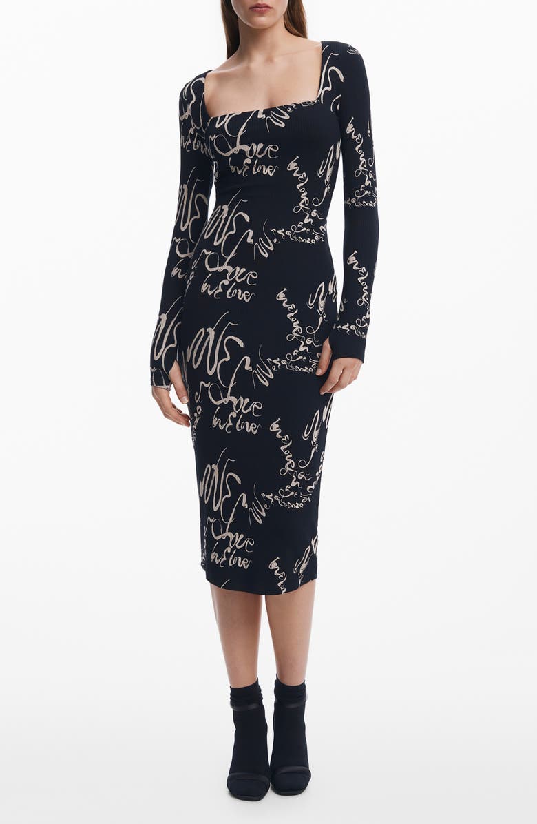 Desigual Love Print Long Sleeve Body-Con Midi Dress, Main, color,