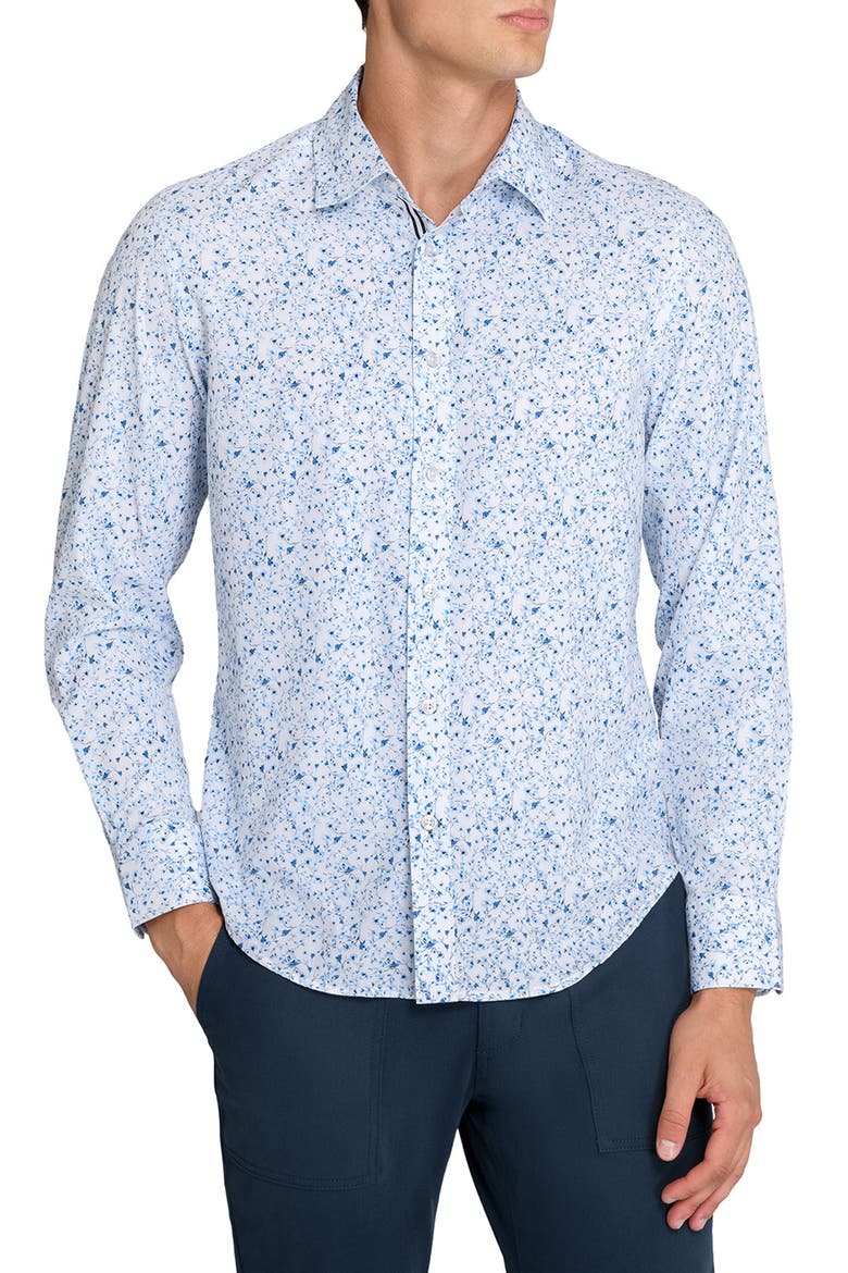Botanical Print Woven Long Sleeve Basic, Main, color, WHITE/BLUE