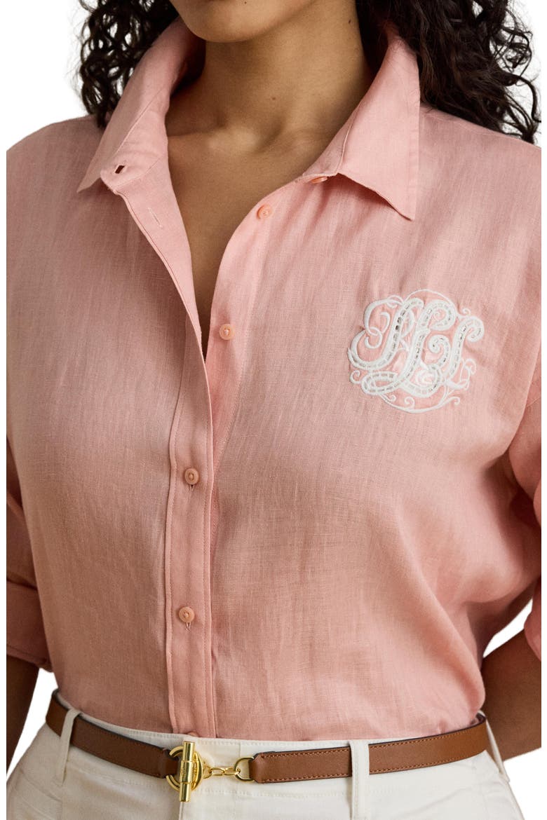 Relaxed Fit Eyelet Logo Embroidered Linen Button-Up Shirt, Alternate, color, PINK RHODONITE